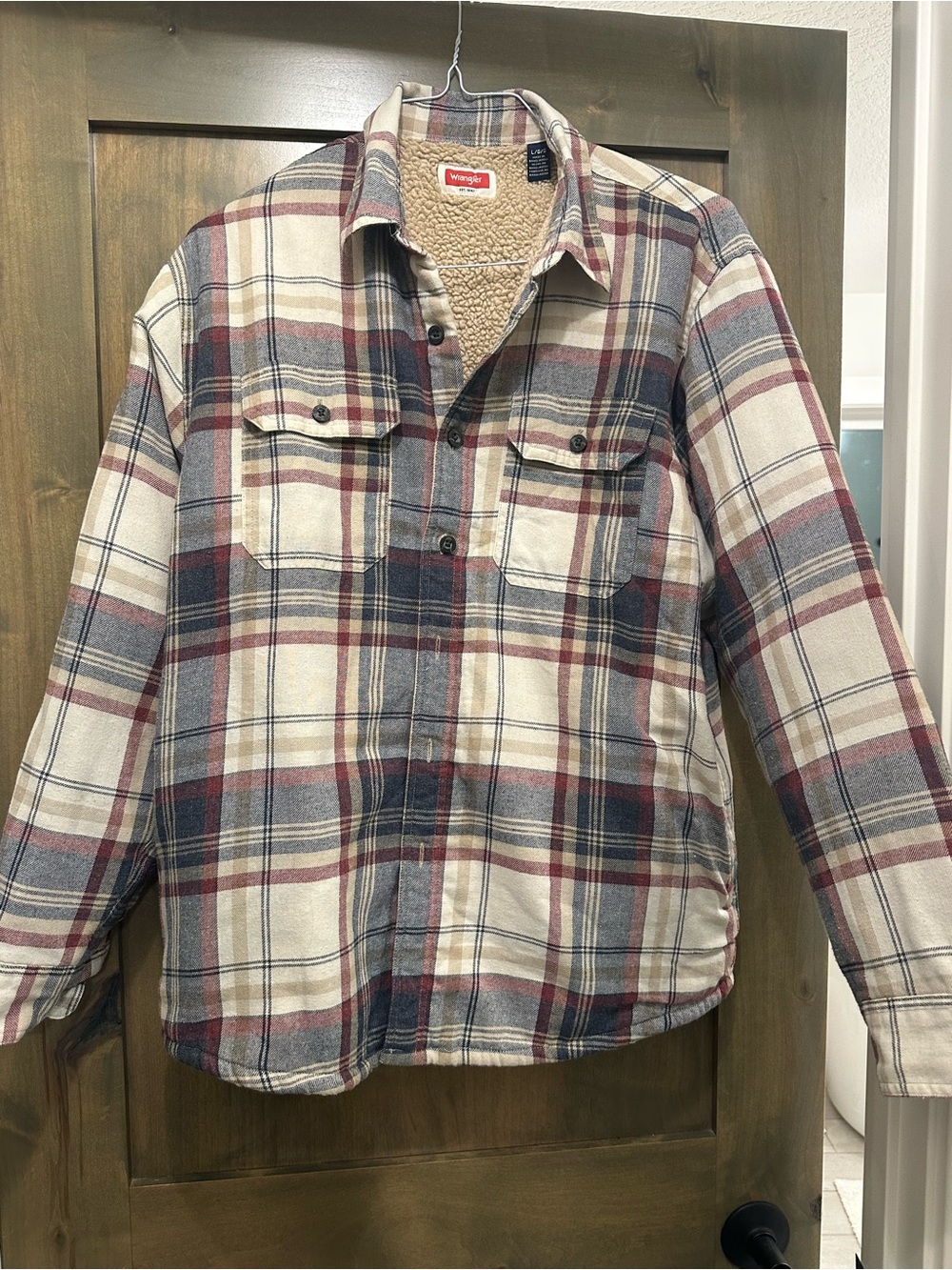 Wrangler Cream, Red & Blue Plaid Sherpa-Lined Button-Down Shirt